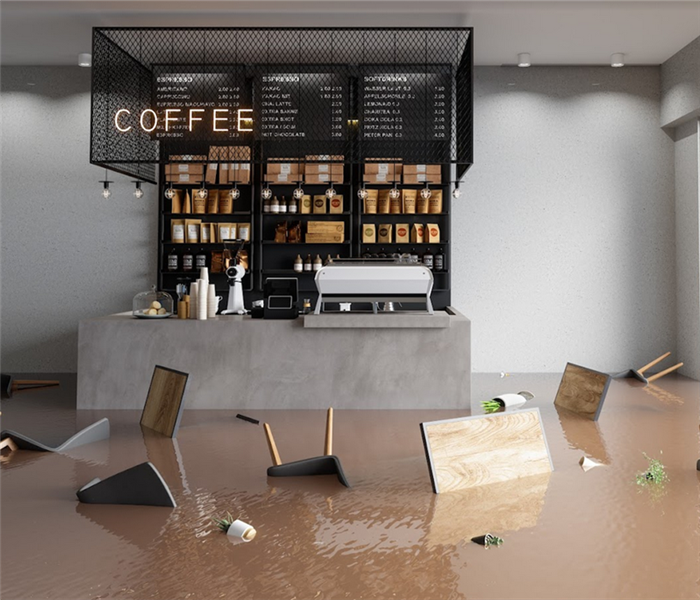 a flooded coffee shop with furniture floating everywhere